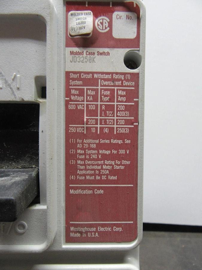 Used CUTLER-HAMMER CIRCUIT BREAKER JD3250K 250 AMP 3-POLE 600 VAC JD-K **WARRANTY**