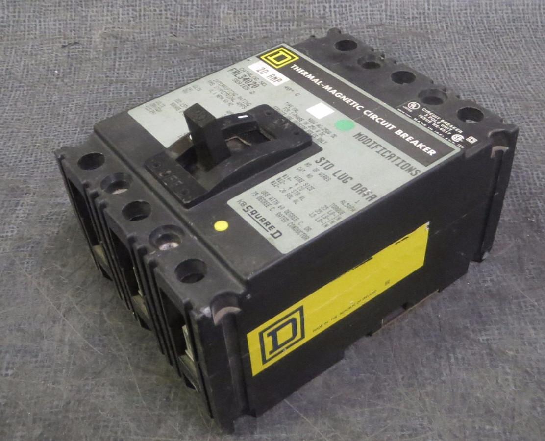 Used SQUARE D CIRCUIT BREAKER FAL34020 20 AMP 480 VAC 3-POLE 3-PHASE