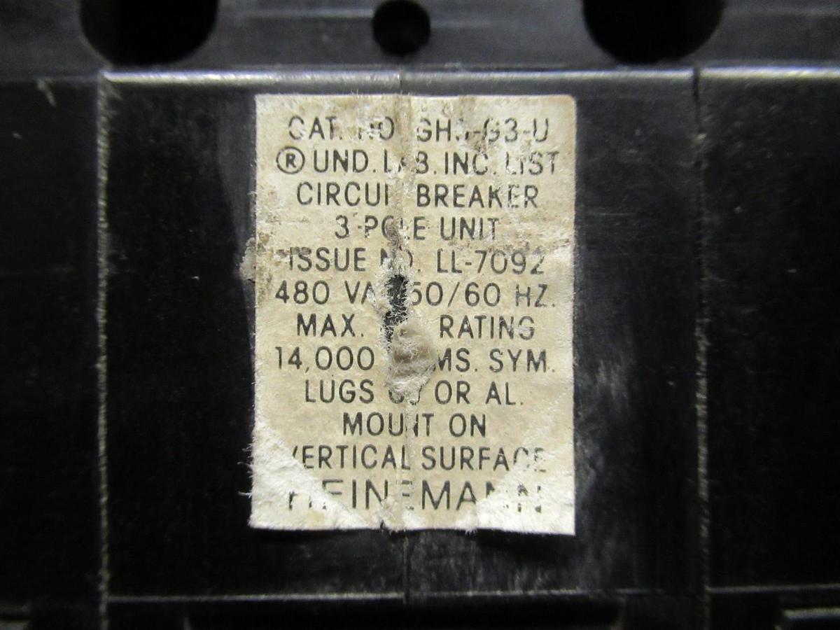 Used 60 AMP HEINEMANN BREAKER GH3-G3-U 480 VAC 3 POLE W/ LUGS **WARRANTY**