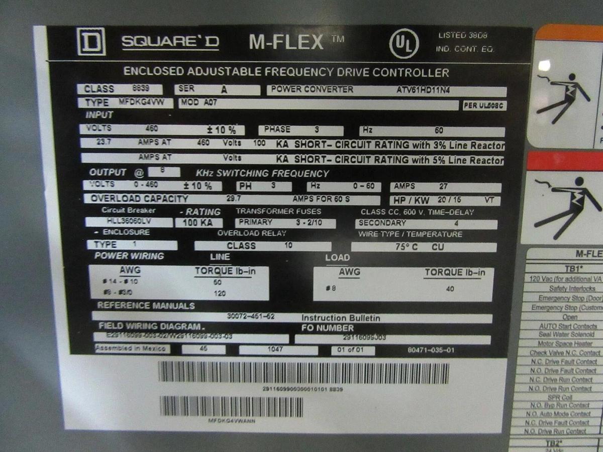 Used SQUARE D M-FLEX VARIABLE SPEED DRIVE MFDKG4VW ATV61HD11N4 20 HP 15 KW 460 VOLT