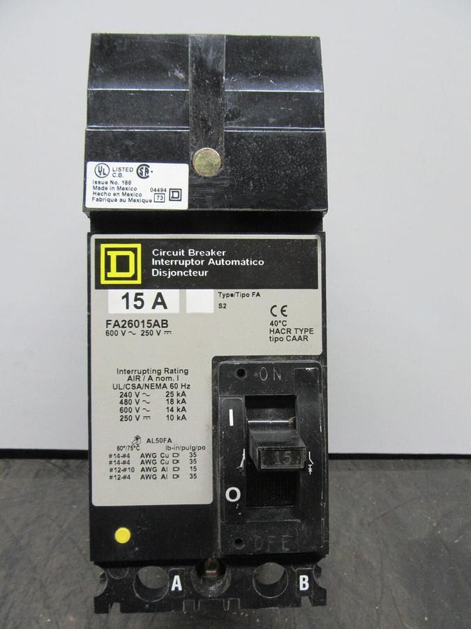 Used SQUARE D I-LINE CIRCUIT BREAKER FA26015AB 2-POLE 15 AMP 600 VAC **WARRANTY**