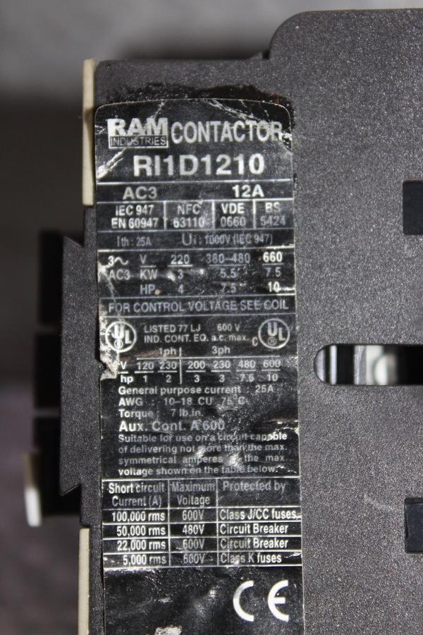 Used RAM INDUSTRIES CONTACTOR RI1D120 25 AMP 600 VAC 3-POLE COIL: 120V