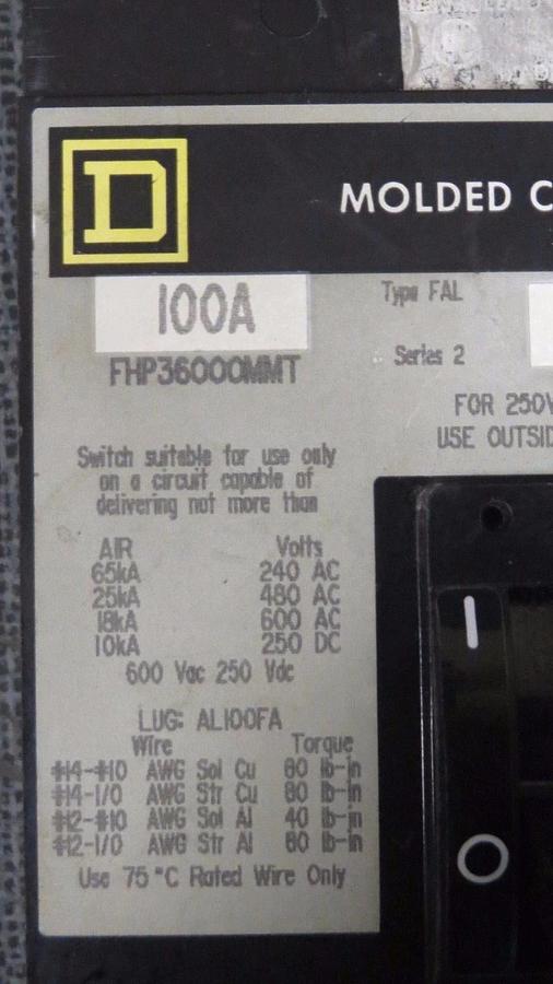 Used SQUARE D MOLDED CASE SWITCH FHP36000MMT 100 AMP 600 VAC 3-POLE **WARRANTY**