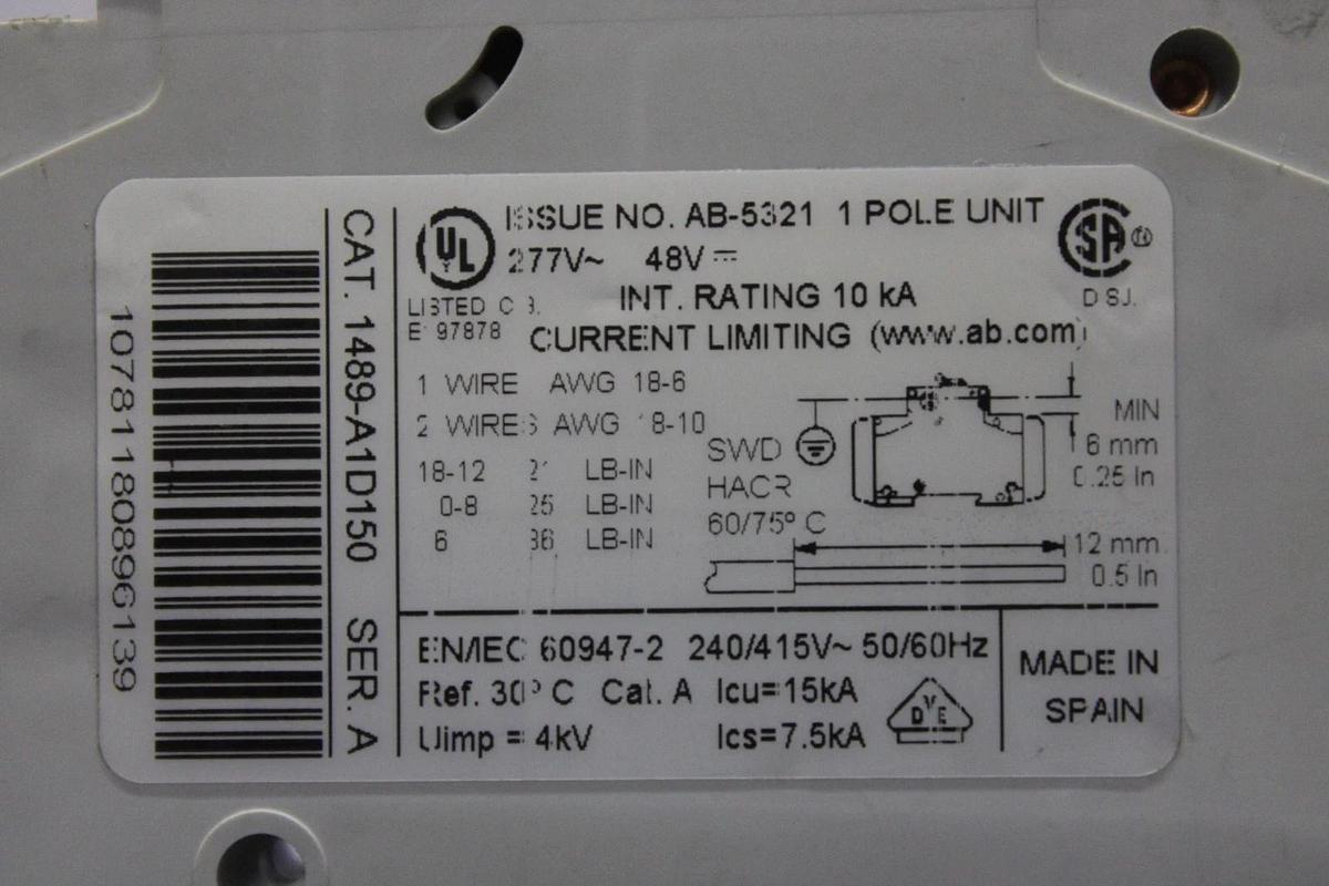 Used ALLEN-BRADLEY SINGLE POLE CIRCUIT BREAKER 1489-A1D150 15 AMP 240/277 VAC