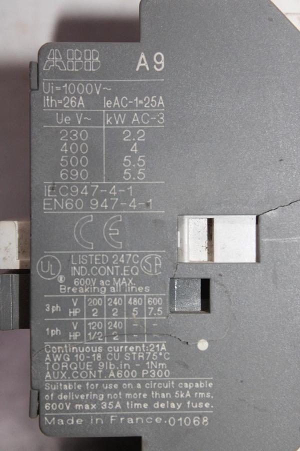 Used ABB CONTACTOR A9-30-01 600 VAC 3-PHASE 7.5 HP 21 AMP COIL: 110/120V *WARRANTY*