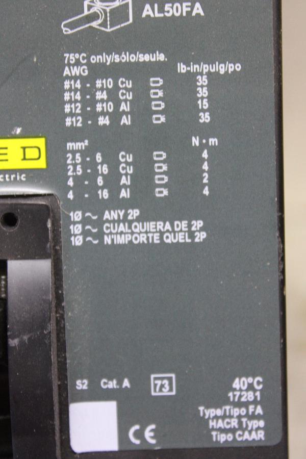 Used SQUARE D I-LINE CIRCUIT BREAKER FA36100 100 AMP 600 VAC 3-POLE