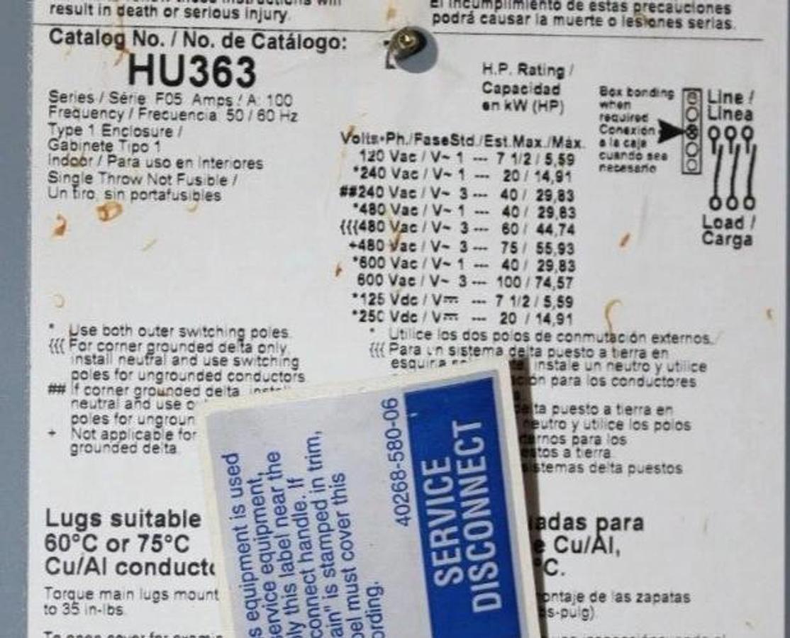 Used SQUARE D DISCONNECT SWITCH HU363 100 AMP 600 VAC TYPE 1 ENCLOSURE