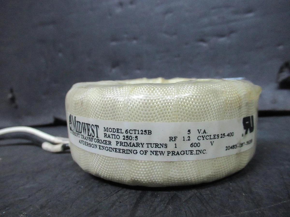 Used MIDWEST CURRENT TRANSFORMER 6CT125B 5 VA RATIO: 250:5 RF: 1.2 CYCLES: 25-400