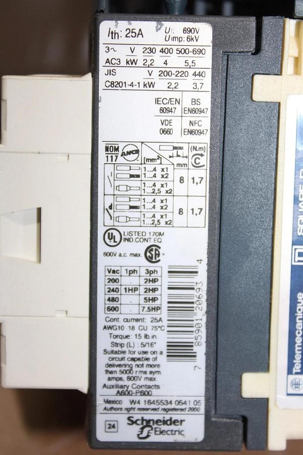 Used TELEMECANIQUE MANUAL MOTOR STARTER LC1D09 W/ GV2ME10/4.3-6A 600V 7.5HP 25A