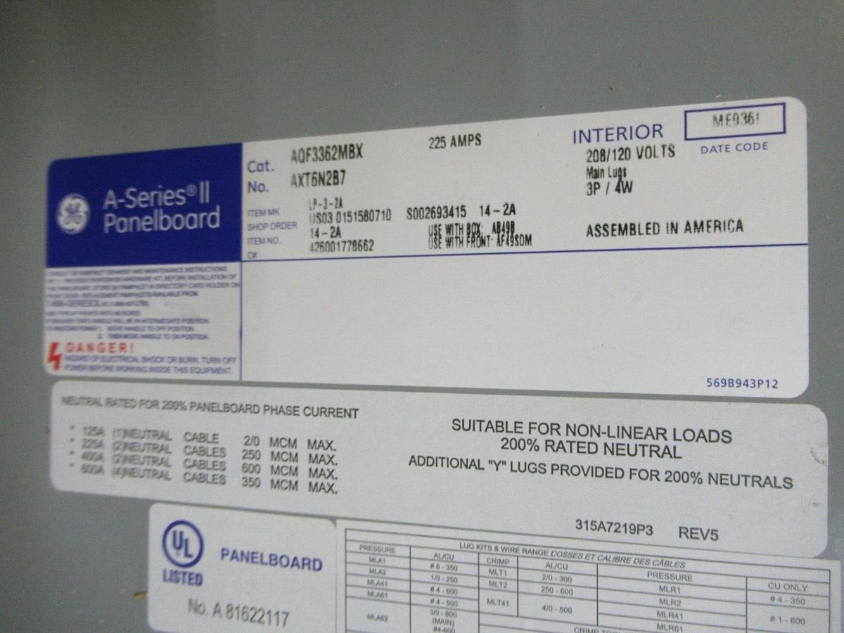 Used GENERAL ELECTRIC A-SERIES II PANELBOARD AQF3362MBX 225 AMP 36-SLOT 208/120 VOLT