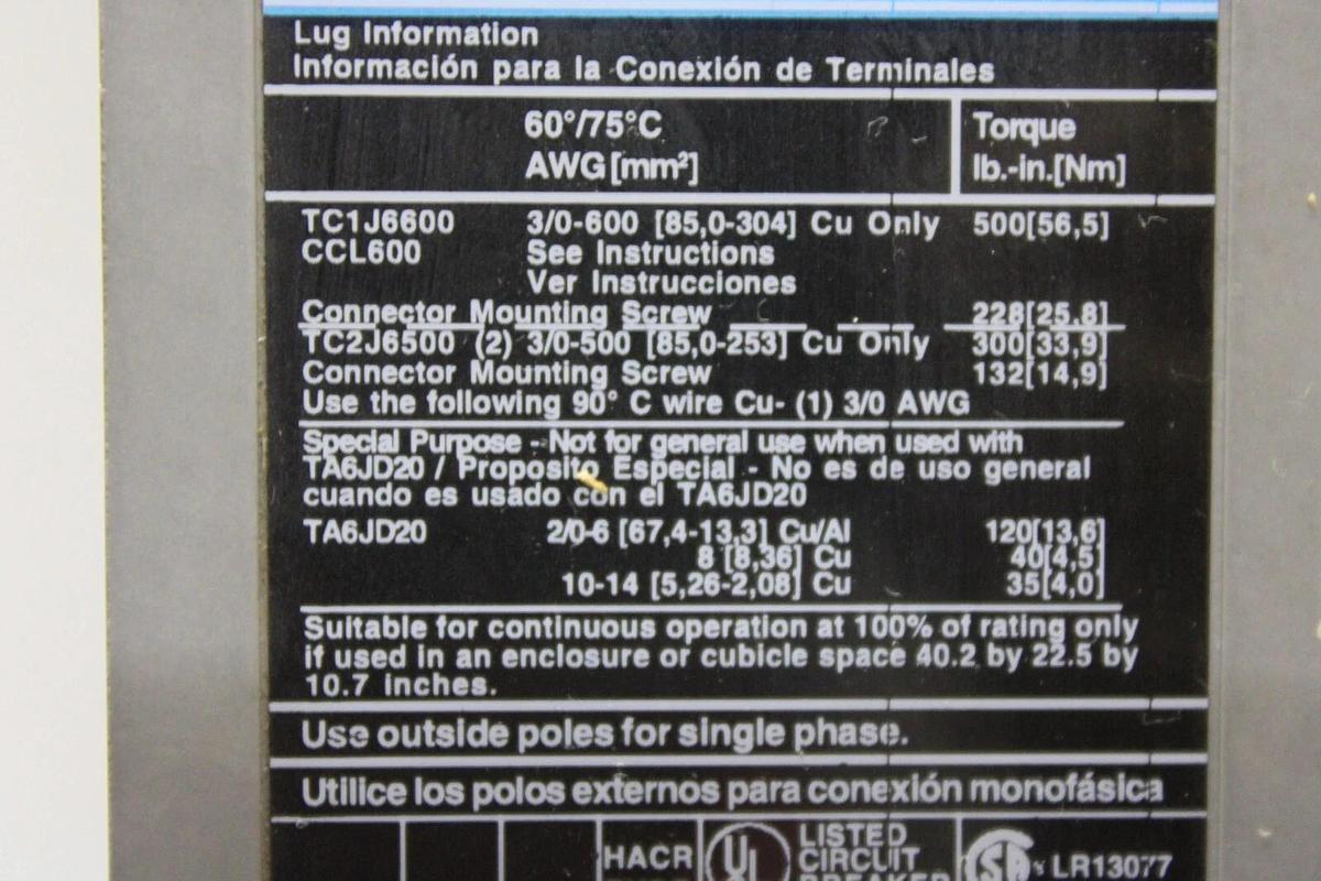 Used SIEMENS SENTRON CIRCUIT BREAKER JXD3B300H 300 AMP 600 VAC 3-POLE JXD6-A