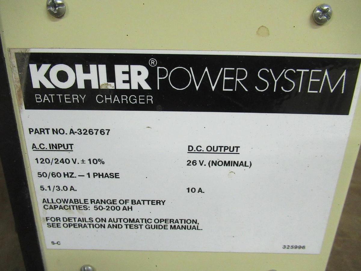 Used 24 VDC KOHLER BATTERY CHARGER 10 AMPS 120 / 240 V SINGLE PH A-326767 50 - 200 AH