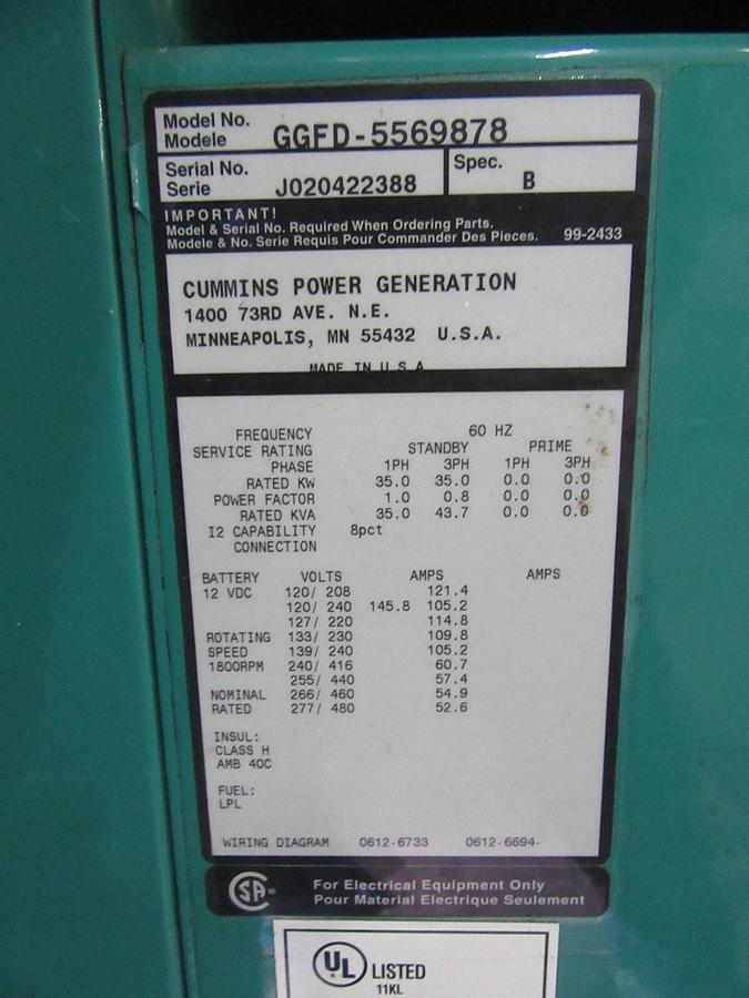 Used 35 KW GENERATOR NAT GAS LP CUMMINS ONAN 120/240 VOLT 1 PH RE-CONNECTABLE 405 HRS