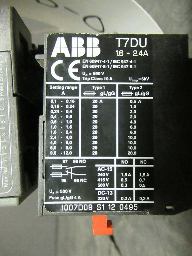Used 16 AMP ABB STARTER B7-30-10 600 VAC 5 HP COIL: 24 VAC W/ T7DU OVERLOADS 1.6-2.4A