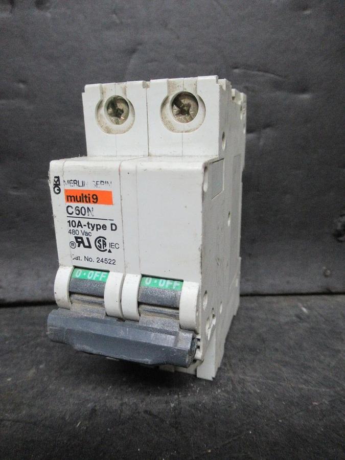 Used MERLIN GERIN THREE POLE BREAKER 24522 MULTI 9 C60N 10A-TYPE D 480 VAC