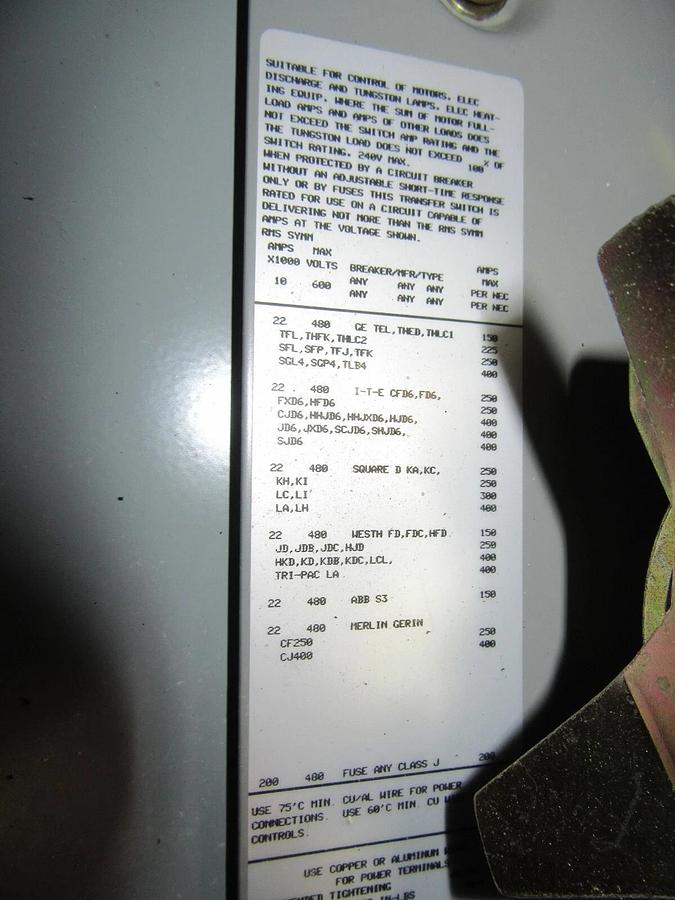 Used 150 AMP ASCO ATS AUTOMATIC TRANSFER SWITCH 480 VAC 3 PH D07ATSC30150N50C