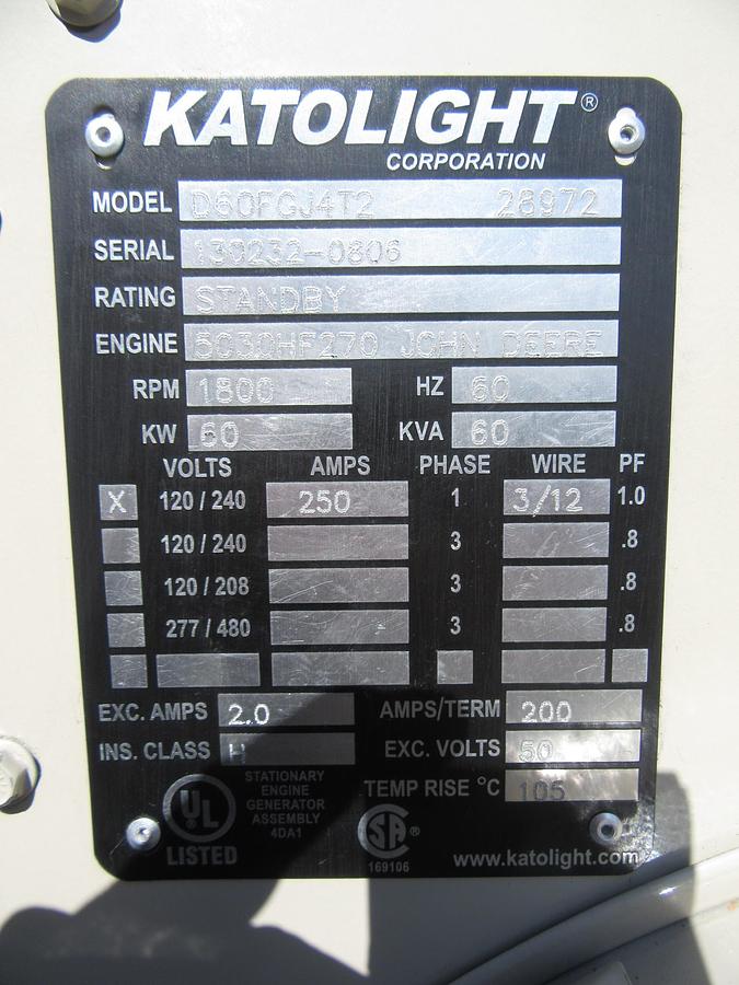 Used 60 KW DIESEL GENERATOR KATOLIGHT 120/240V RE-CONNECTABLE 931 HRS VIDEO WE SHIP