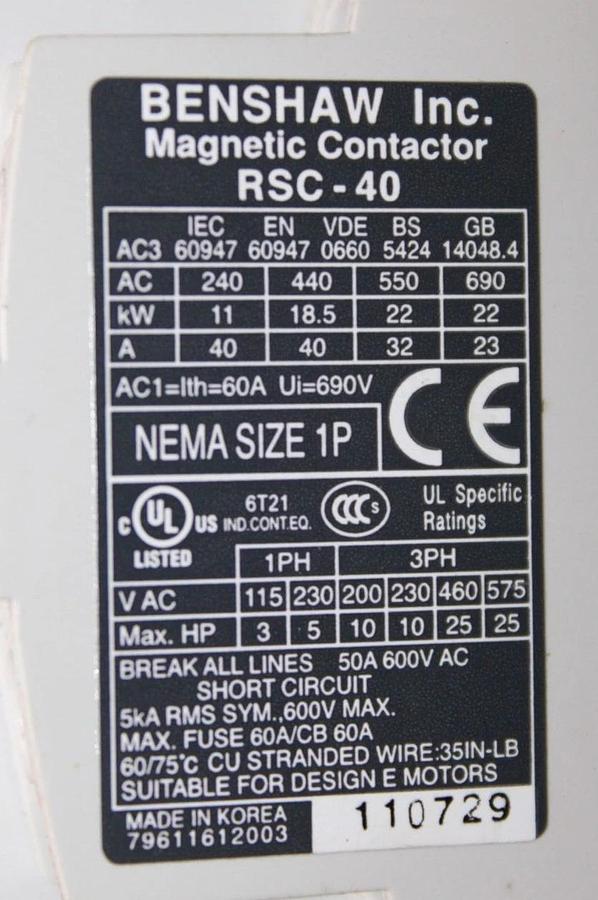 Used BENSHAW CONTACTOR RSC-40 50 AMP 600 VAC NEMA 1P 3-PHASE 25 HP COIL: 120 VAC