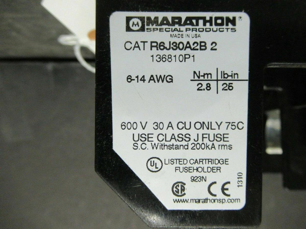 Used MARATHON FUSE LUG SET R6J30A2B-2 600 VOLTS 30 AMP **WARRANTY INCLUDED!**