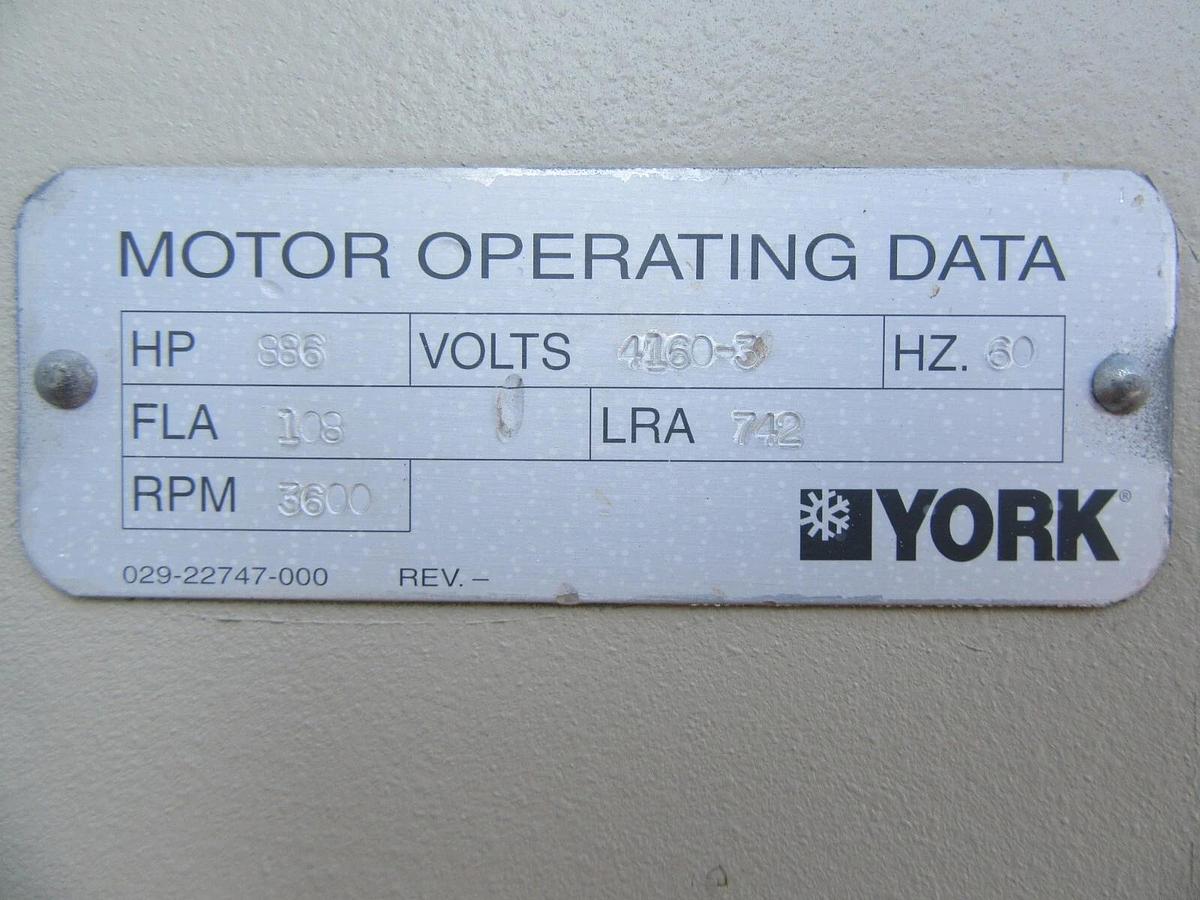 Used 886 HP TECO / YORK INDUCTION MOTOR 4160 V 3 PH 4510 FRAME 3600 RPM 108 FLA 2001