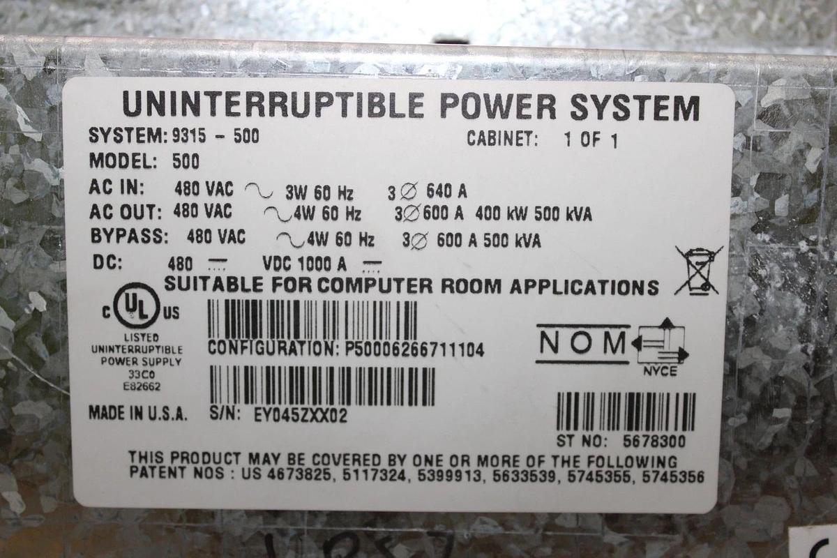 Used EATON UPS CONTROL INTERFACE 9315-500 480 VAC 600 AMP *WARRANTY*