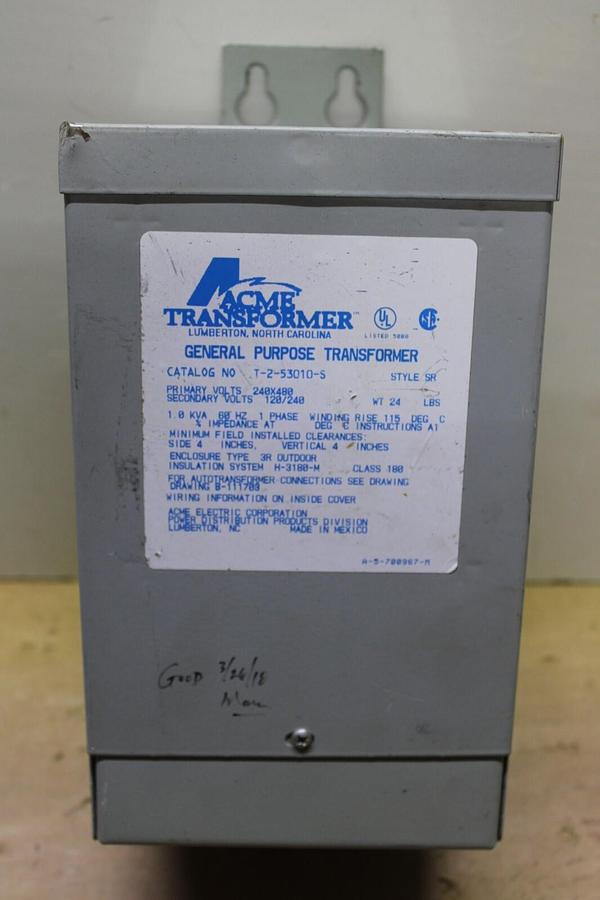 Used ACME TRANSFORMER T-2-53010-S 1 KVA PRI: 240/480V SEC: 120/240V SINGLE PHASE