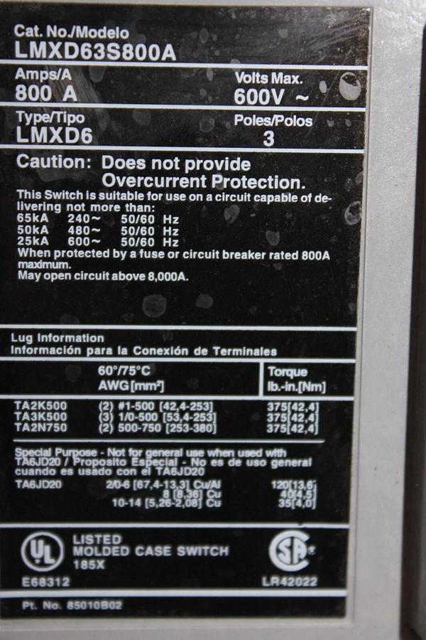 Used SIEMENS CIRCUIT BREAKER LMXD63S800A 800 AMP 600 VAC 3-POLE LMXD6