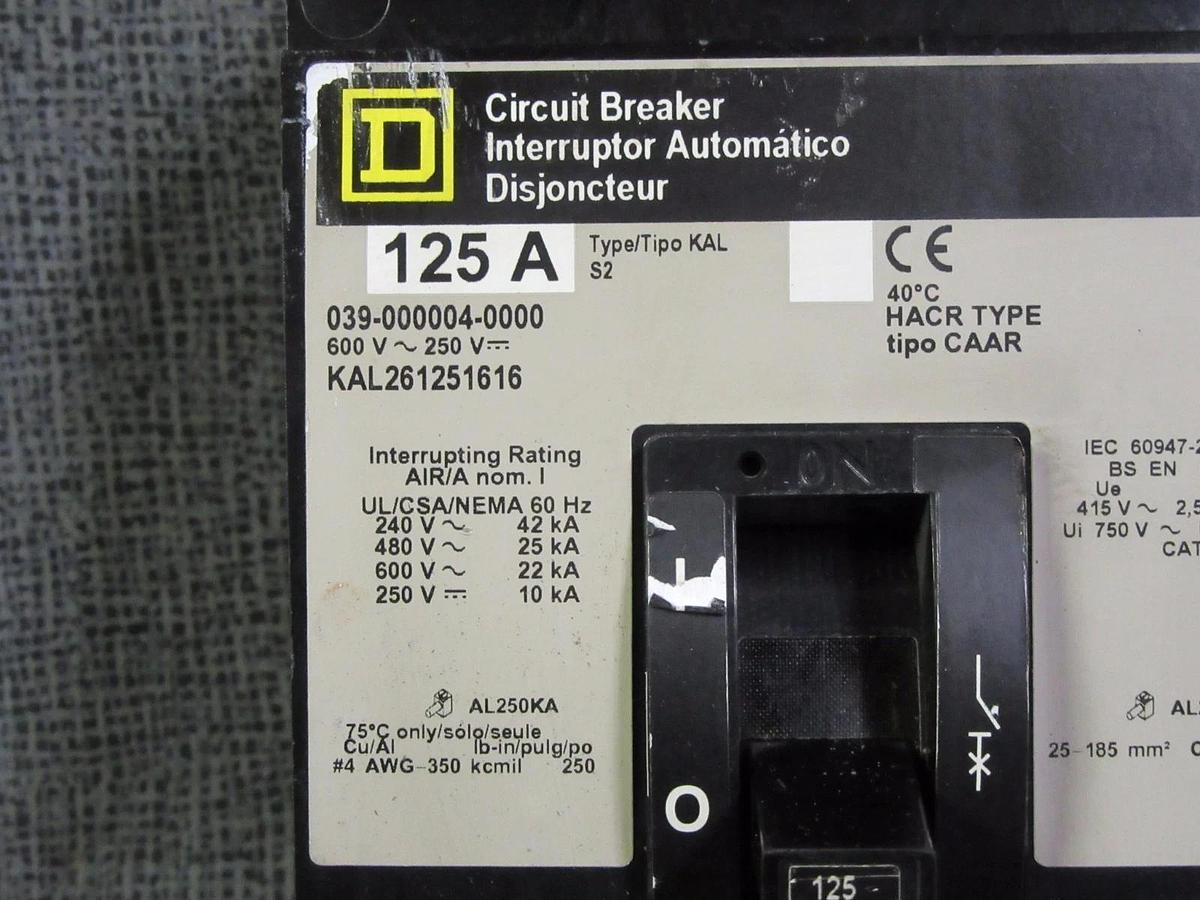 Used SQUARE D CIRCUIT BREAKER 125 AMP 600 VAC 2 POLE * UNDERVOLTAGE TRIP & AUX SWITCH