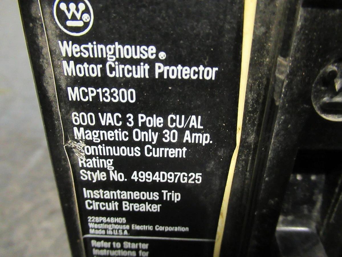 Used WESTINGHOUSE BREAKER MCP13300 600VAC 3 POLE 30A W/ LUGS **WARRANTY INCLUDED**