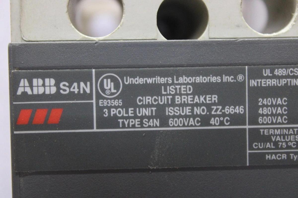 Used ABB BREAKER SACE S4 S4N 250 AMP 600 VOLT 3-POLE W/ AUX SWITCH & SHUNT TRIP