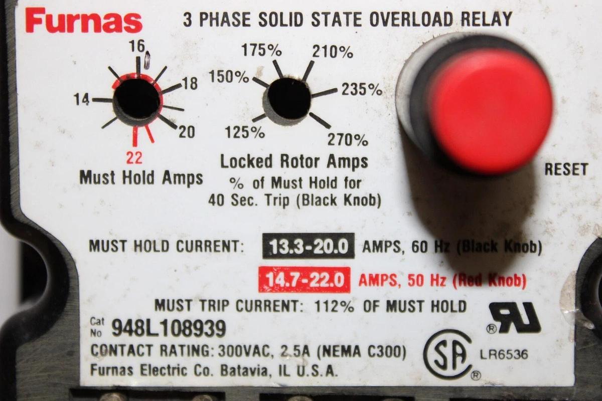 Used FURNAS 3 PHASE SOLID STATE OVERLOAD RELAY 2.5 AMP 300 VAC MODEL: 948L108939