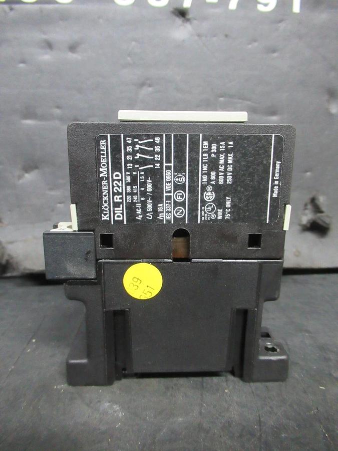 Used KLOCKNER-MOELLER CONTACTOR DIL-R-22-D 600 VAC 15 AMP COIL: 110/120 VOLT
