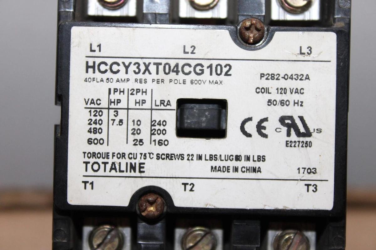 Used TOTALINE CONTACTOR HCCY3XT04CG102 40 AMP 600 VAC 25 HP 3-PHASE COIL: 120V