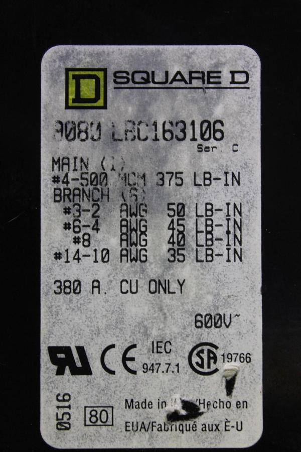 Used SQUARE D WIRE POWER DISTRIBUTION BLOCK 9080-LBC163106 1-POLE 380 AMP 600 VAC