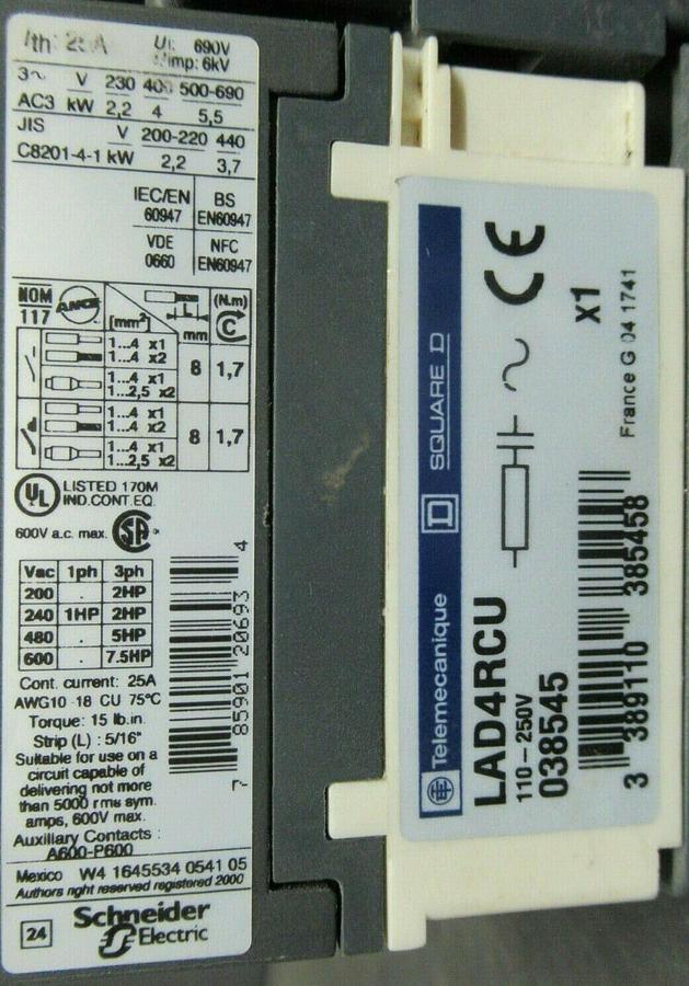 Used TELEMECANIQUE CONTACTOR LC1D09 600 VAC 25 AMP W/ GV2ME10 MANUAL MOTOR START