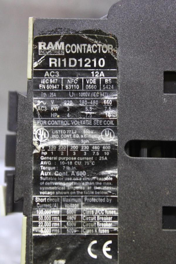 Used RAM INDUSTRIES CONTACTOR RI1D120 25 AMP 600 VAC 3-POLE COIL: 120V