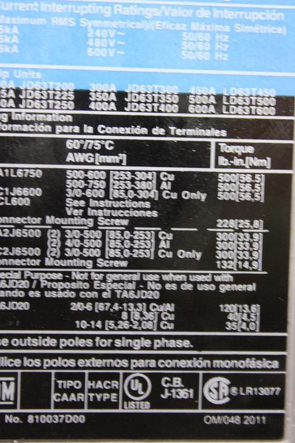 Used SQUARE D I-LINE CIRCUIT BREAKER FA36100 100 AMP 600 VOLT 3-POLE
