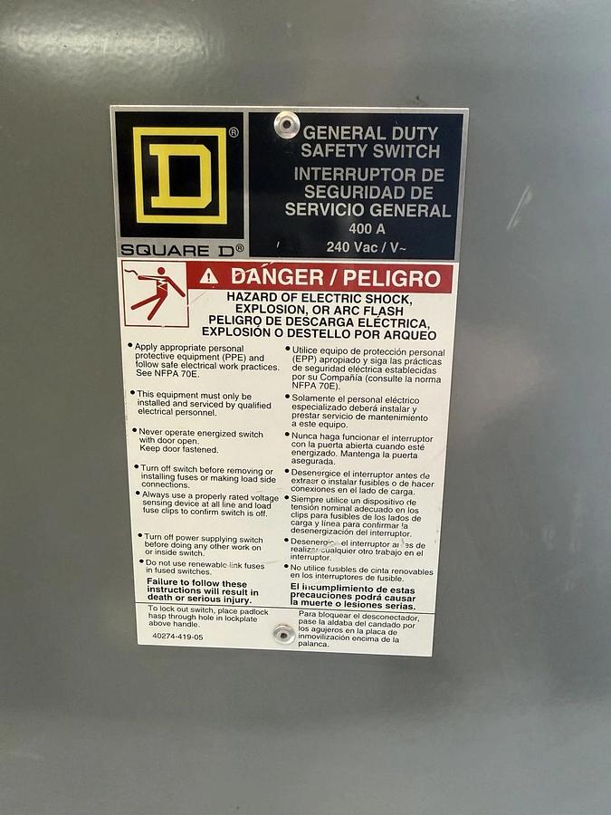 Used SQUARE D NEMA 3R GENERAL DUTY DISCONNECT D225NR 400 AMP 240 VAC 2-POLE