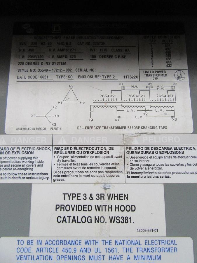 Used SQUARE D TRANSFORMER 225T3H 225 KVA PRI: 480V @ 271 A SEC: 208Y/120 @ 625 A 3R