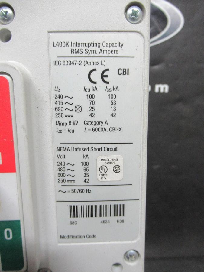 Used EATON MOLDED CASE SWITCH LGK3400KSG 400 AMP 600 VAC 3-POLE STYLE: L400K