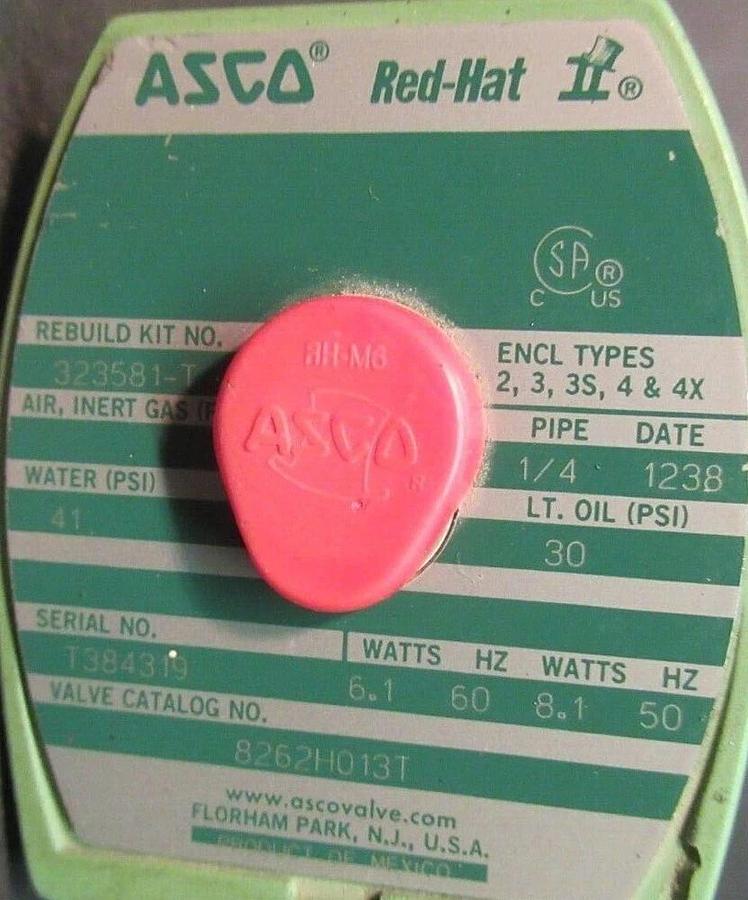 Used ASCO RED HAT SOLENOID VALVE 8262H013T 323581-T WATER: 41 PSI OIL: 30 PSI