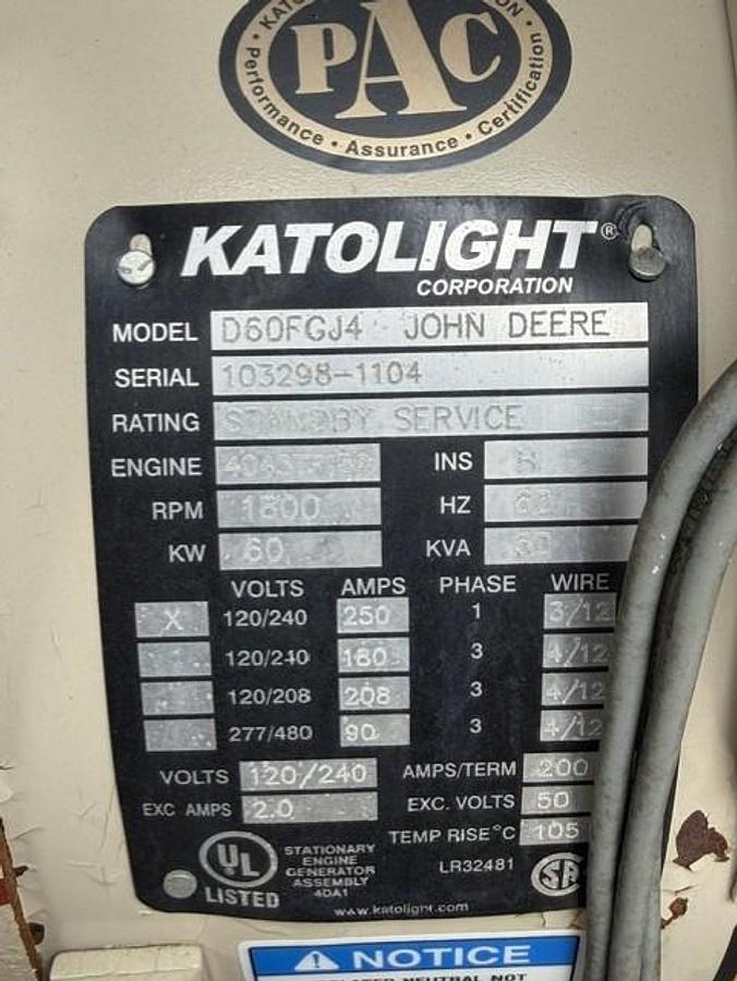 Used 60 KW DIESEL GENERATOR KATOLIGHT 120/240V RE-CONNECTABLE SOUND ENCLOSED 593 HRS