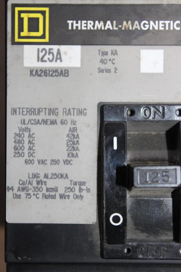 Used SQUARE D I-LINE CIRCUIT BREAKER KA26125AB 125 AMP 600 VAC 2-POLE