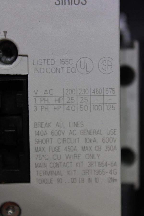 Used SIEMENS SIRIUS CONTACTOR 3RT1054-6...6 600 VAC 140 AMP 125 HP 3-POLE 3-PHASE