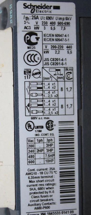 Used LOT OF 2 SCHNEIDER CONTACTOR LC1D12 25 AMP 600 VAC 10 HP COIL: 120 VOLT