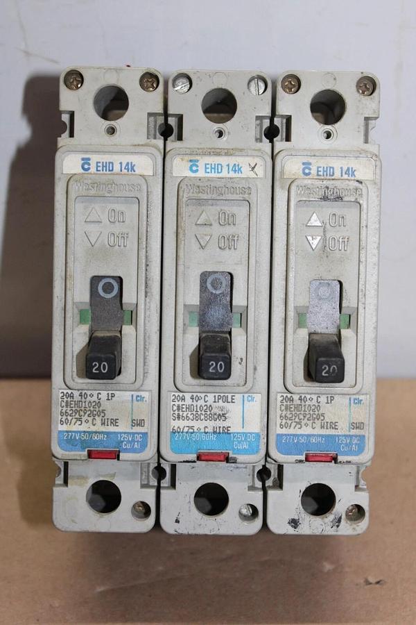 Used LOT OF 3 WESTINGHOUSE EHD1020 20 AMP 277 VAC SINGLE POLE *WARRANTY*