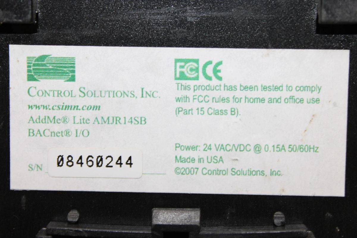 Used CONTROL SOLUTIONS ADDME LITE UNIVERSAL BACNET I/O MODULE AMJR-14-S 24 VOLT 0.15A