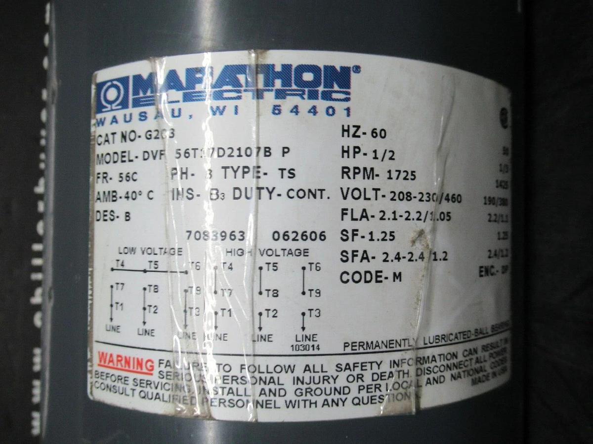 Used MARATHON MOTORS G2C3 DVF56T17D2107BP 3 PHASE 480 VOLT 2.2 AMP 0.5 AMP 1725 RPM