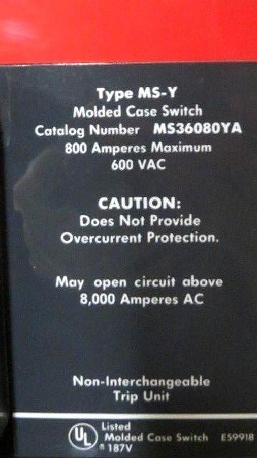 Used CUTLER HAMMER MOLDED CASE MS36080YA 800 AMP 600 VAC 3 POLE MS-Y