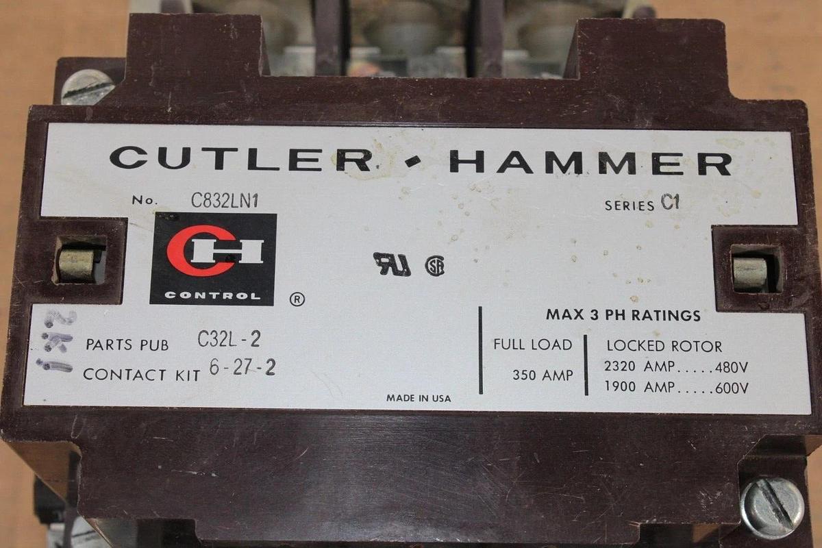 Used CUTLER HAMMER CONTACTOR C832LN1 350 AMP 600 VOLT 3-PHASE COIL: 120V **WARRANTY**